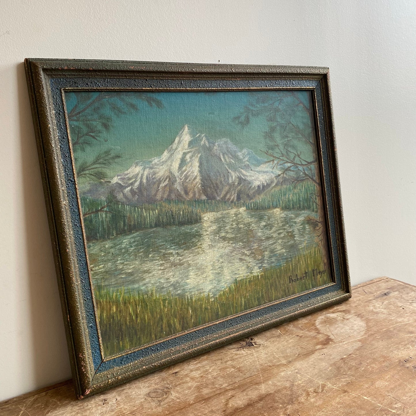 Vintage Original Framed Mountain Painting, 1952