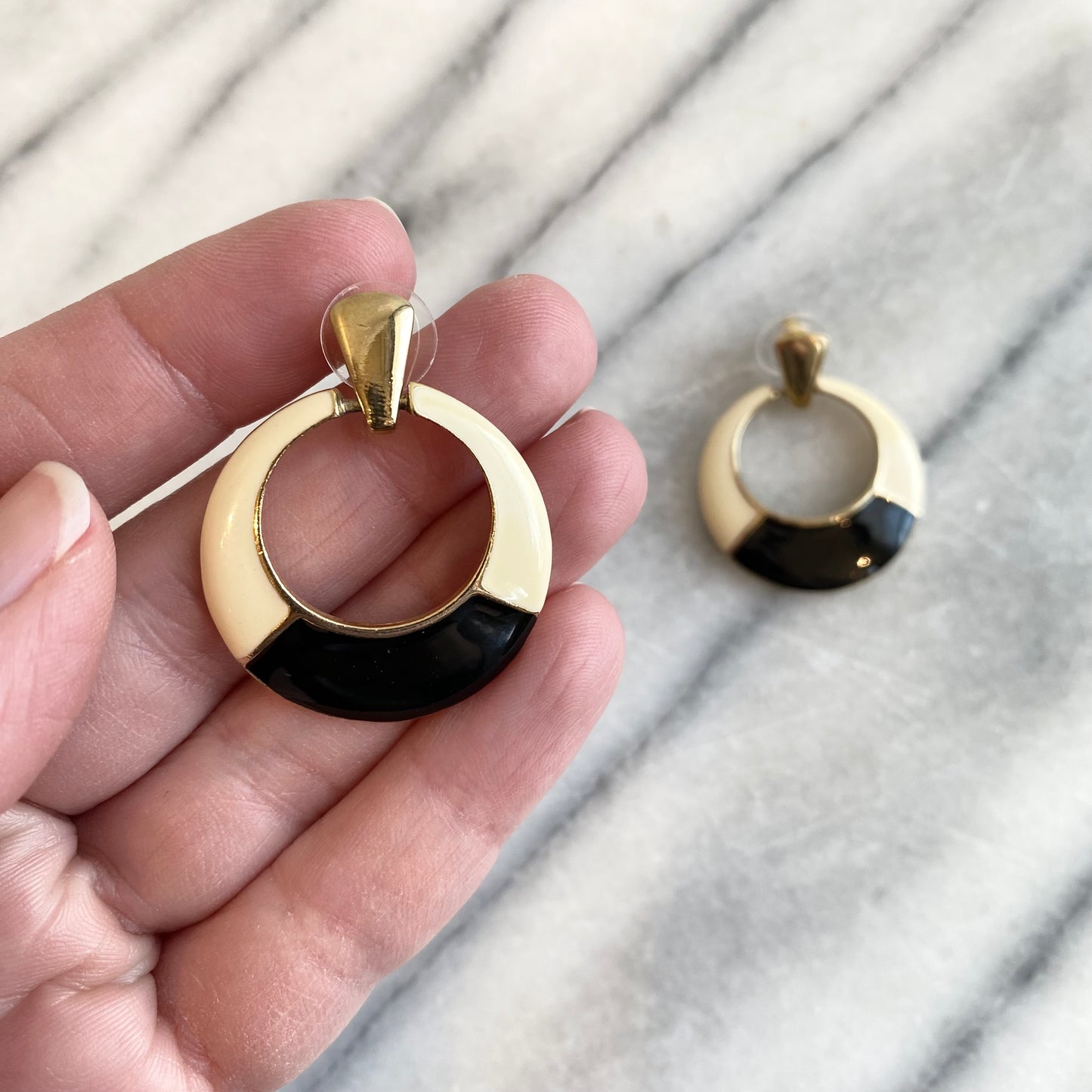 Large Vintage Postmodern Enamel + Gold Earrings