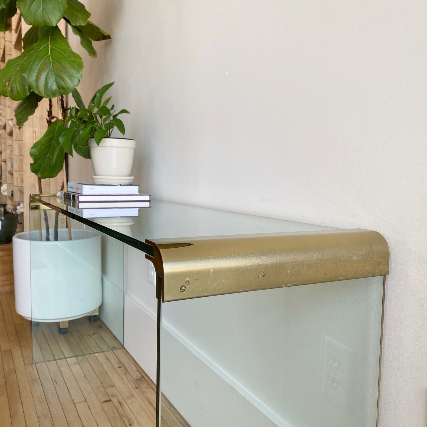 70's Vintage Glass Waterfall Console Table, Leon Rosen
