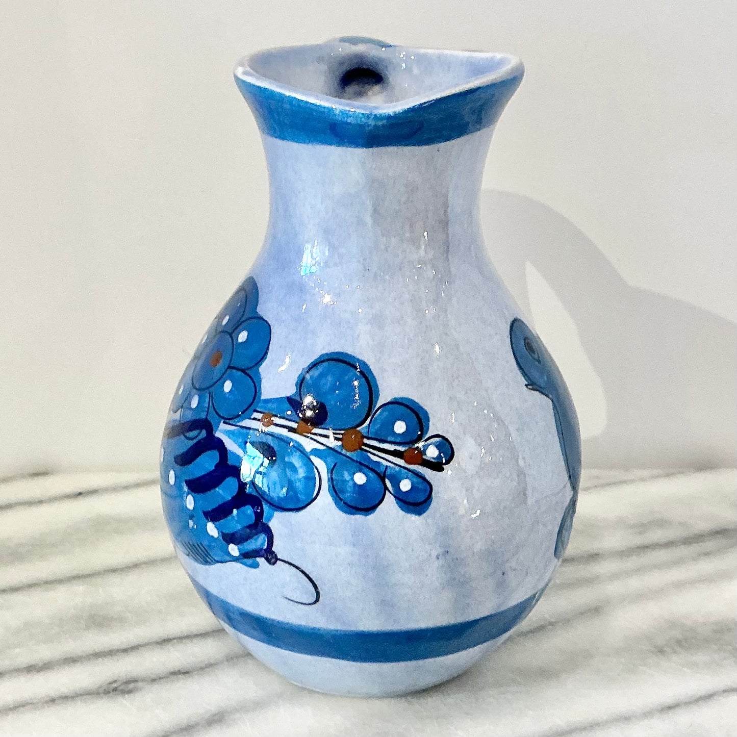 Vintage Blue Hand-Painted Ceramic Mexican Pitcher
