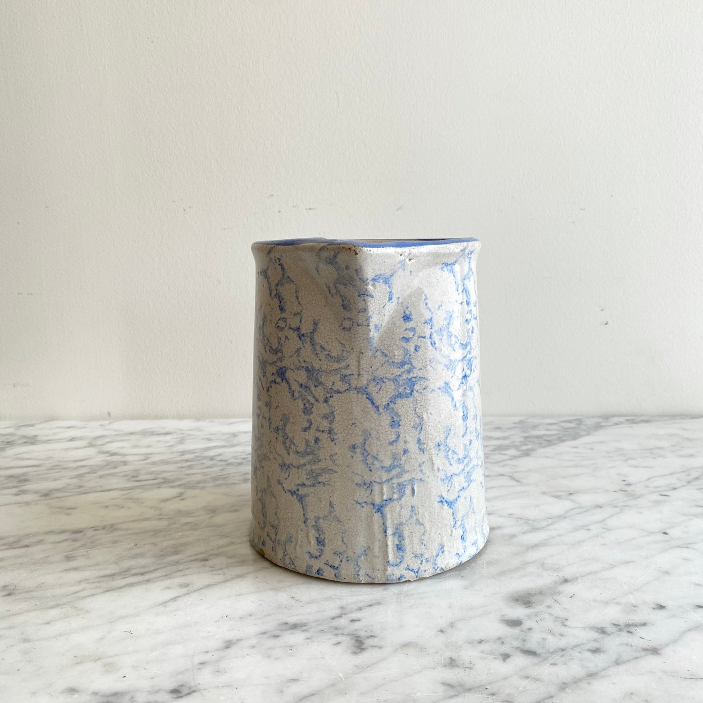 Antique Light Blue Spongeware Pottery Pitcher, 6.5”