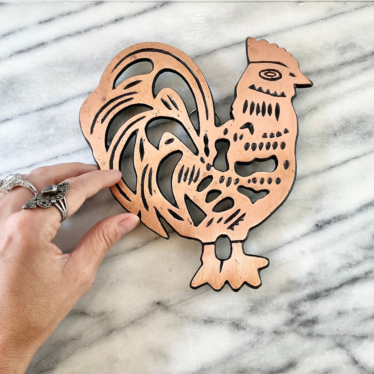 Vintage Cast Iron + Copper Rooster Trivet