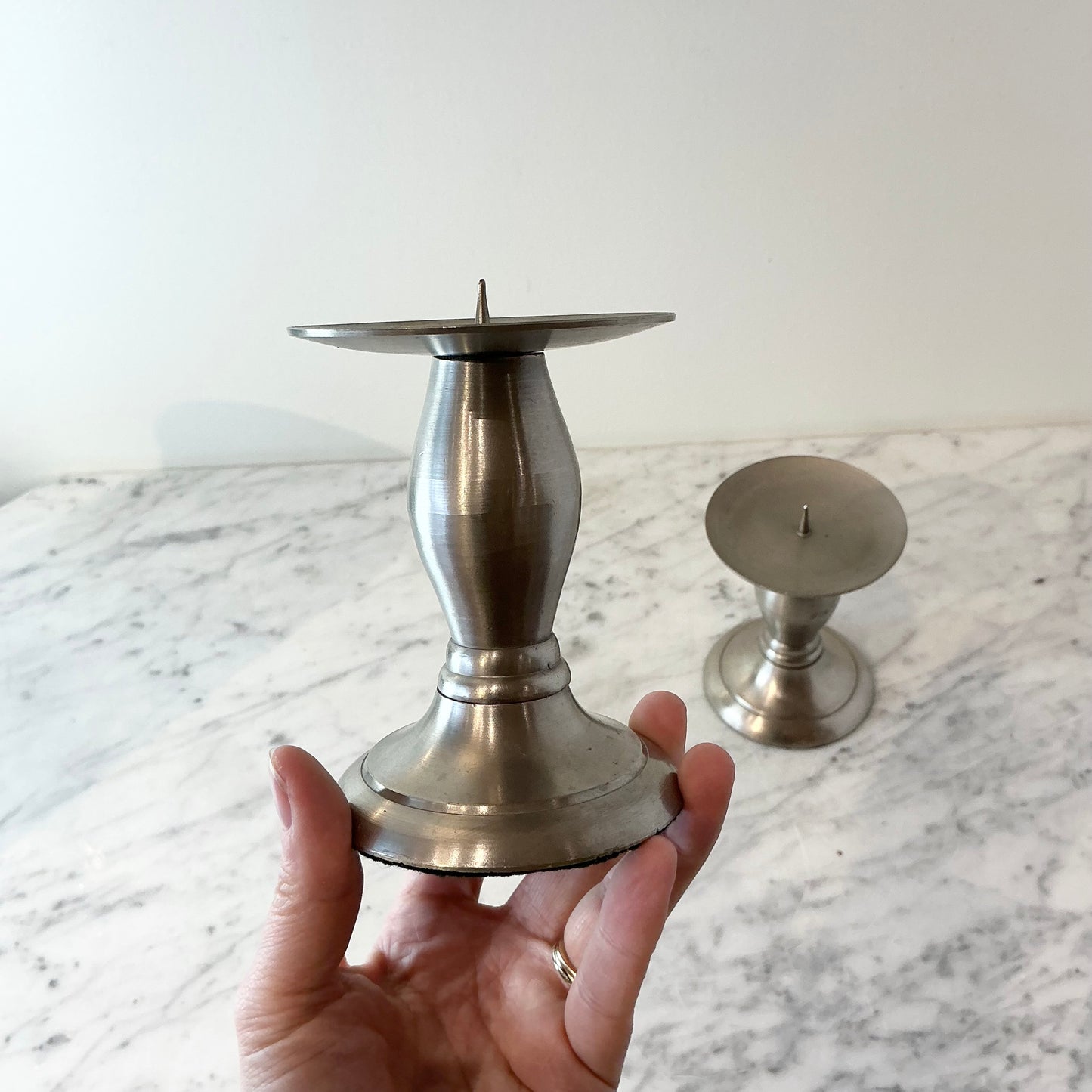 Pair of Found Brushed Silver Candle Holders