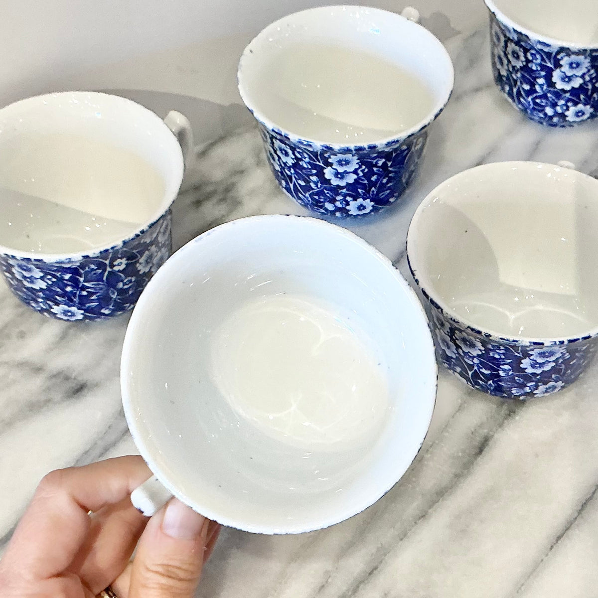 S/6 Vintage Blue + White Floral Teacups, England