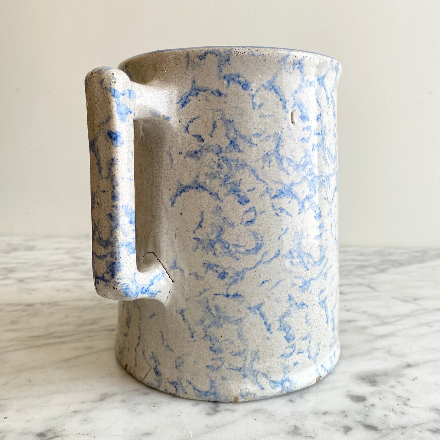 Antique Light Blue Spongeware Pottery Pitcher, 6.5”