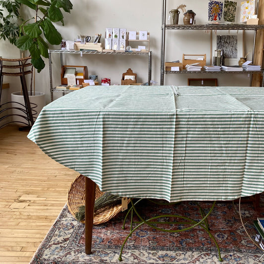 72” Round Green + White Striped Tablecloth