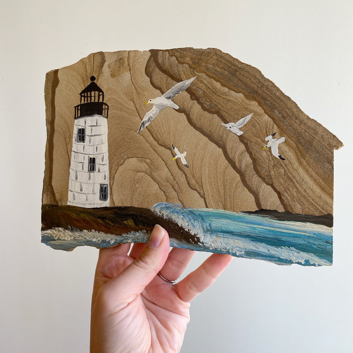 Vintage Hand-painted “Lighthouse & Seashore” Stone Plaque