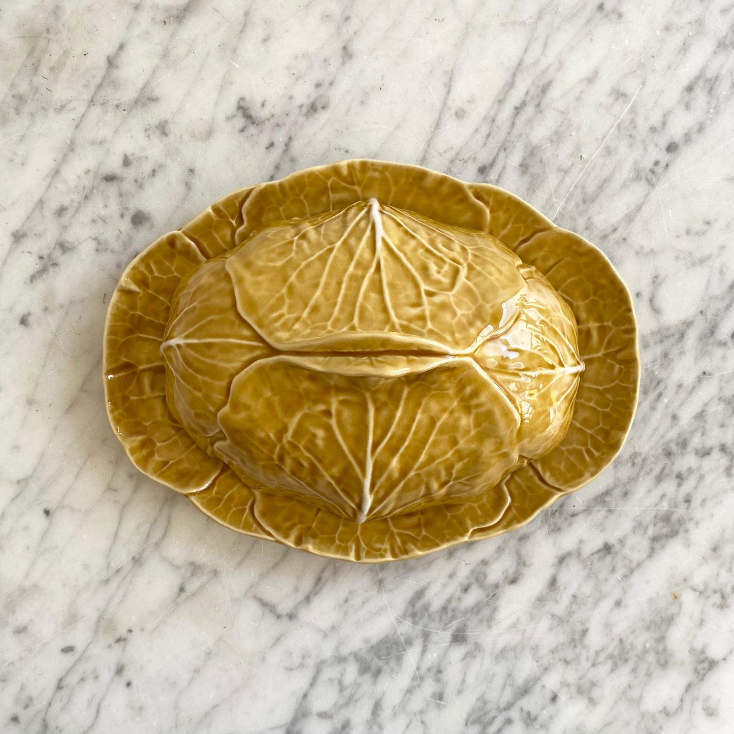 Vintage Covered Dish, Golden Cabbage Leaf