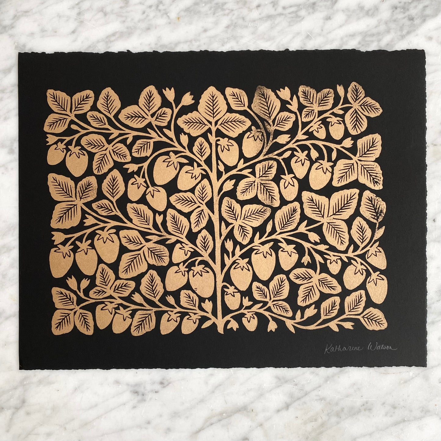 "Gold Strawberries" Hand Block-Printed Art Print (11x14)