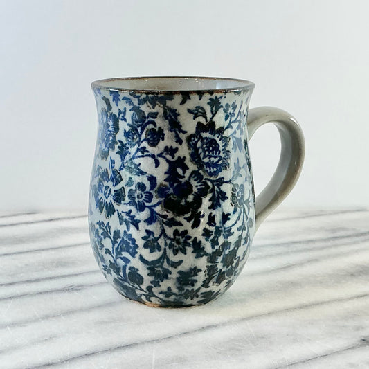 Vintage Blue + Gray Ceramic Floral Mug