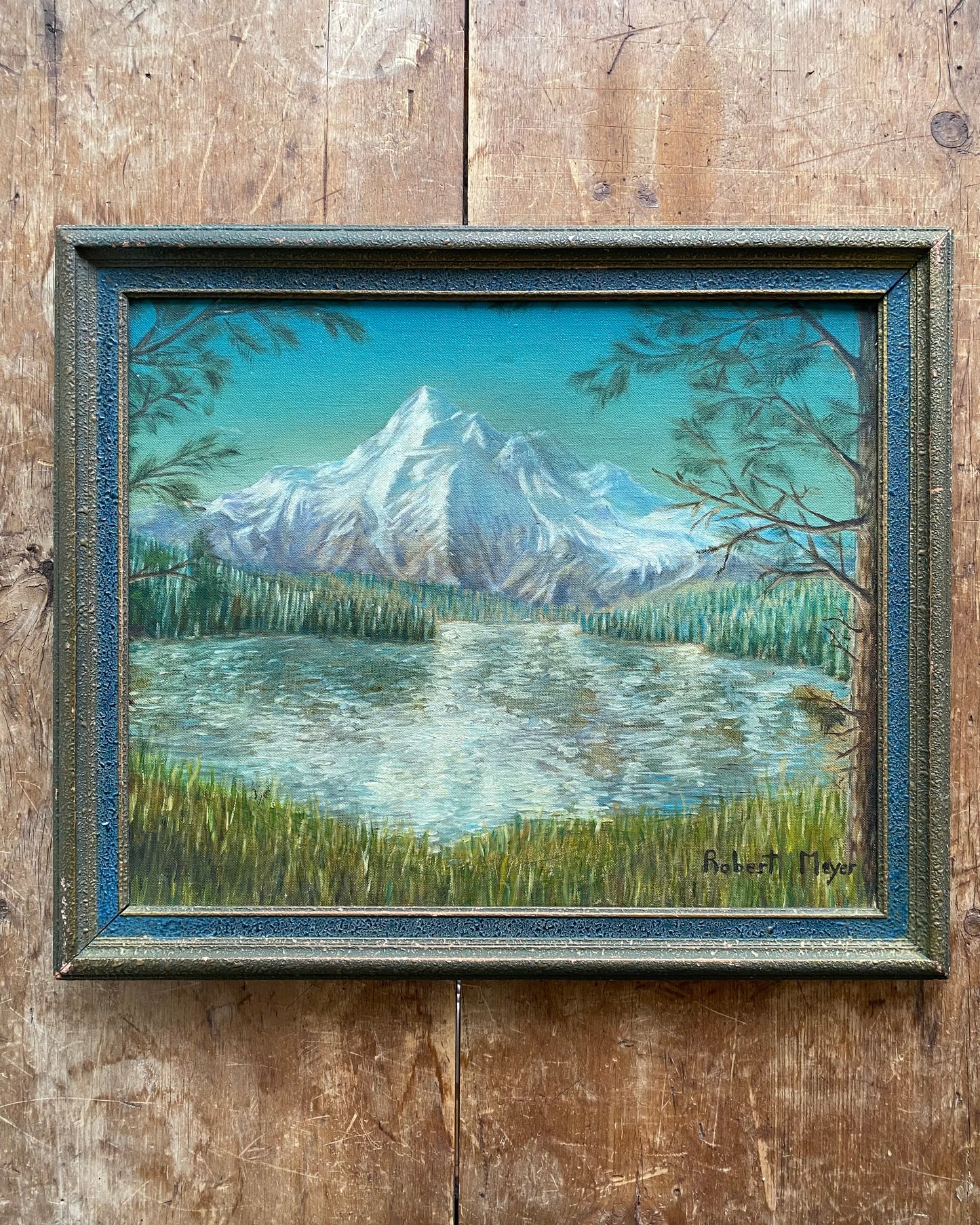 Vintage Original Framed Mountain Painting, 1952