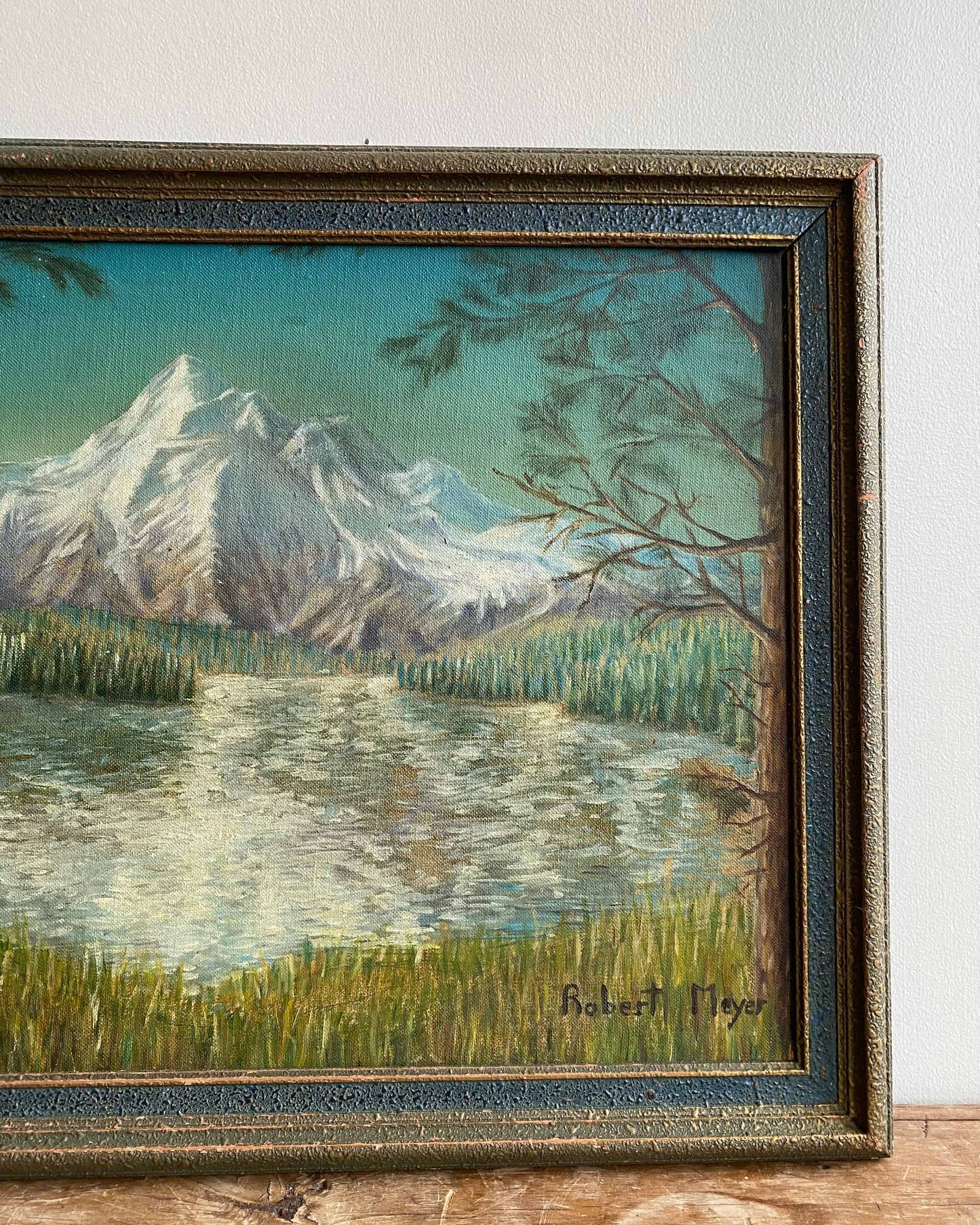 Vintage Original Framed Mountain Painting, 1952