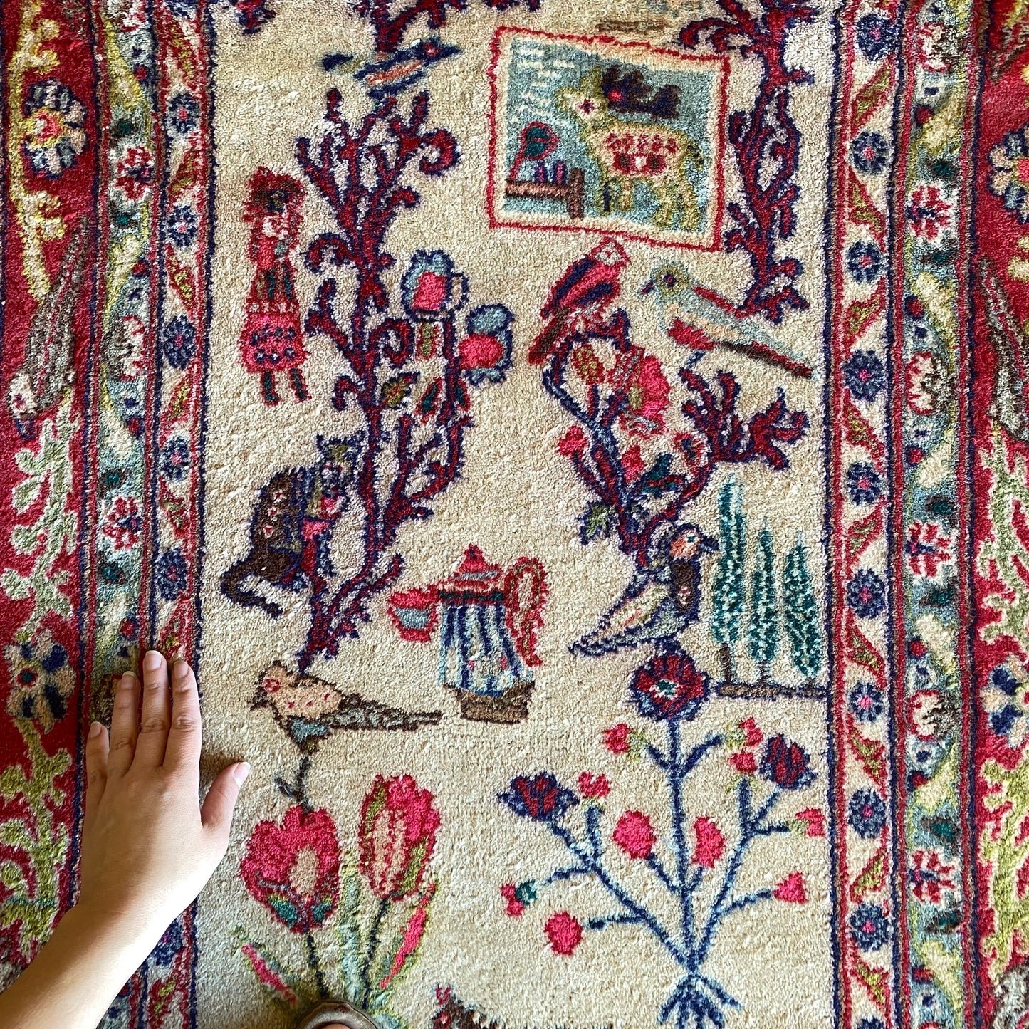 Vintage Hand-knotted Rug with Plants + Animals (3.4 x 5.7)