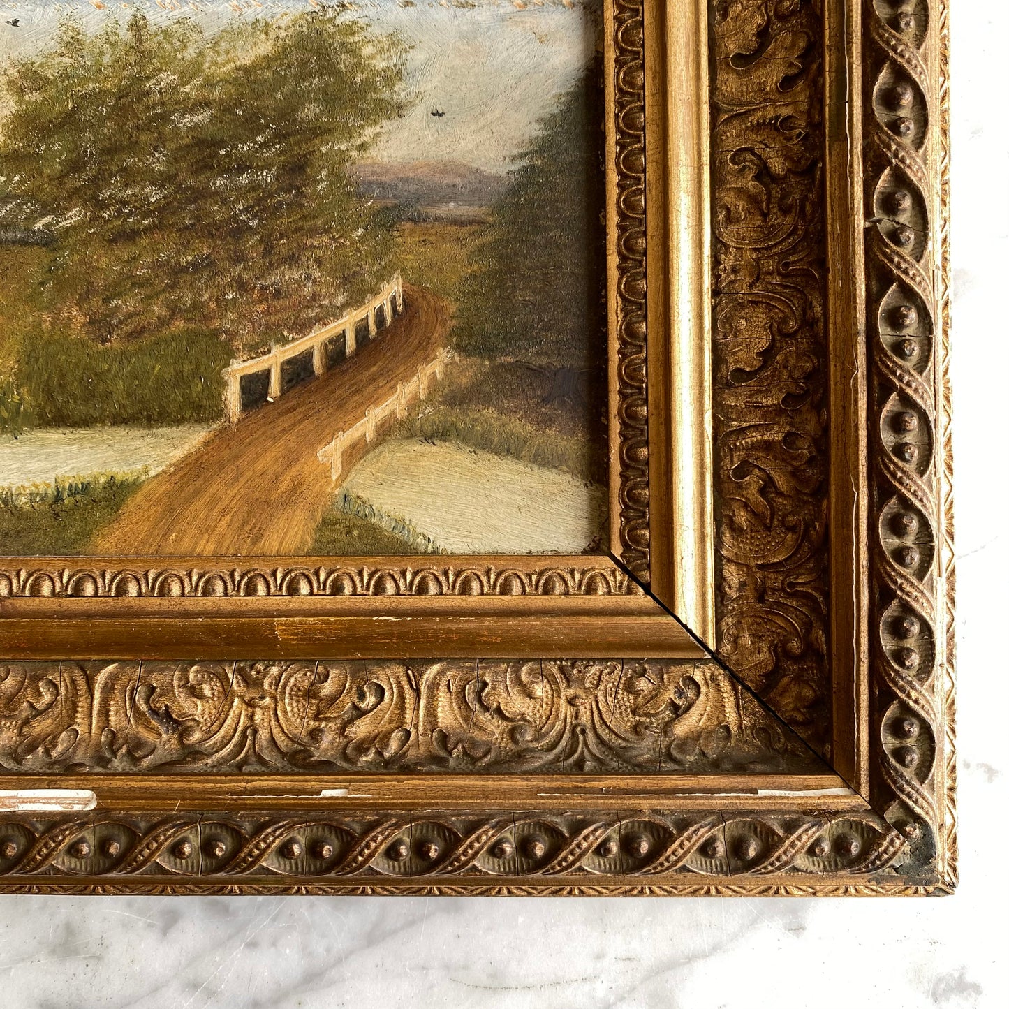 Original Antique Oil Painting, River + Bridge