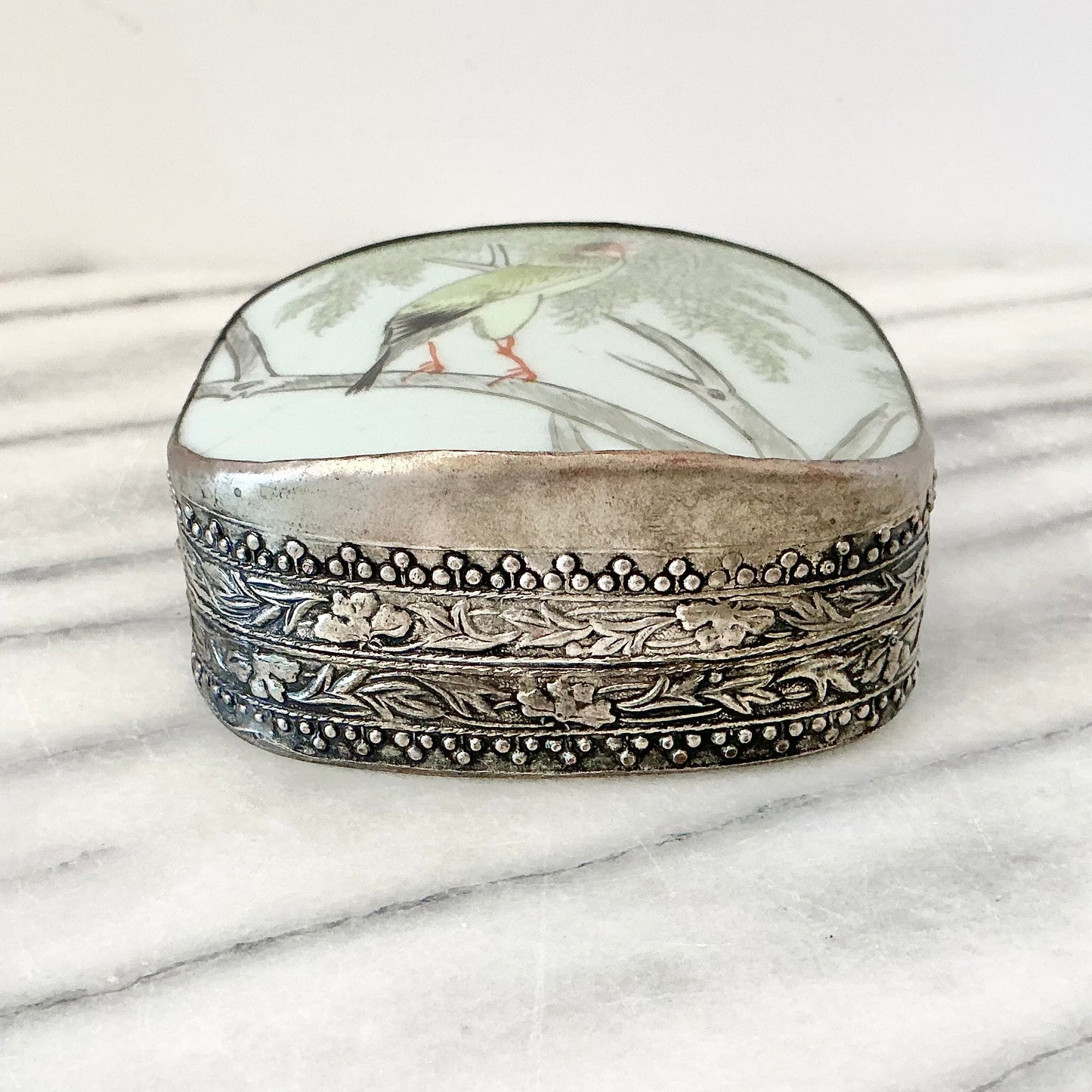 Vintage Porcelain Shard Box with Bird