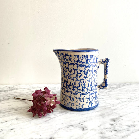 Antique Blue Spongeware Pottery Pitcher, 7”