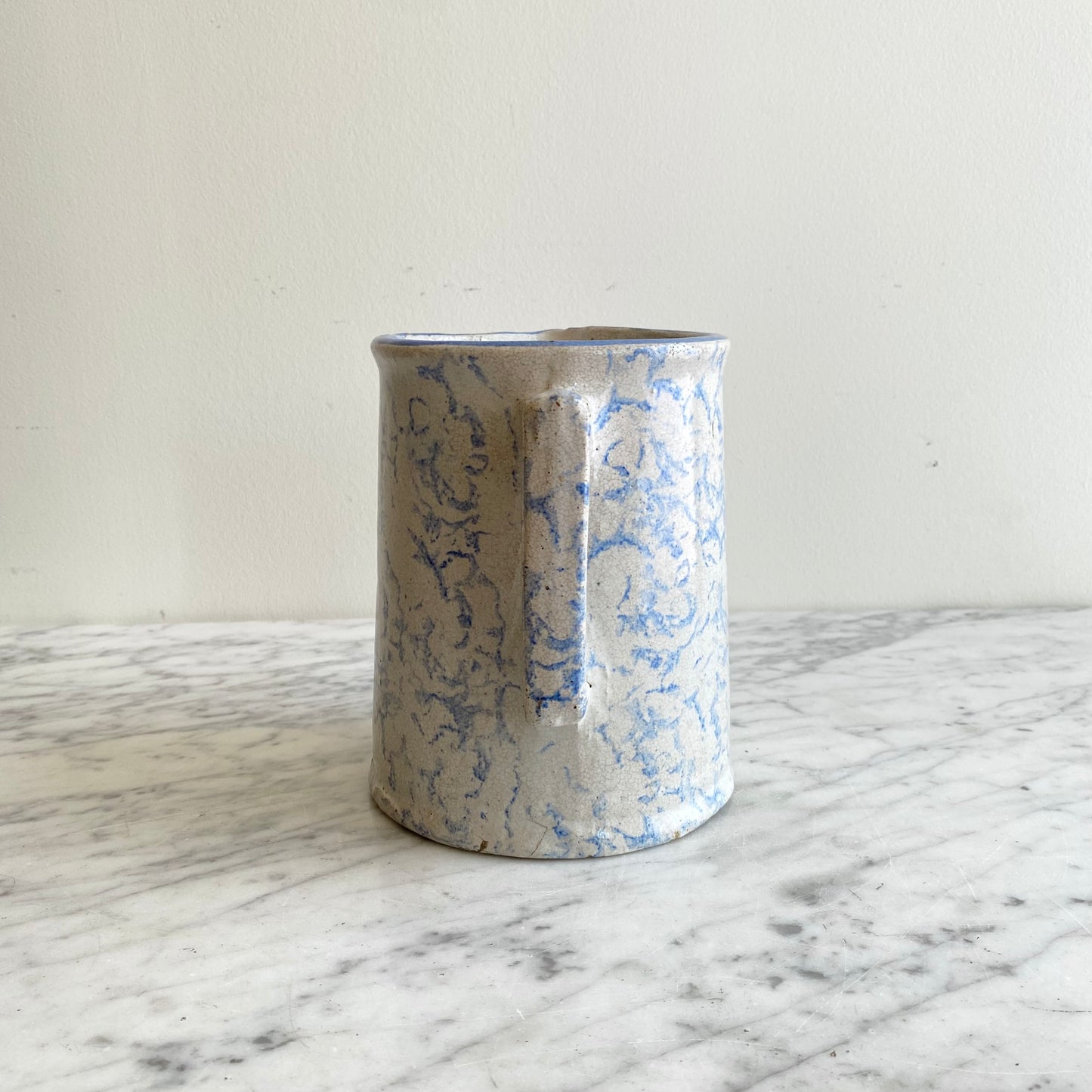 Antique Light Blue Spongeware Pottery Pitcher, 6.5”