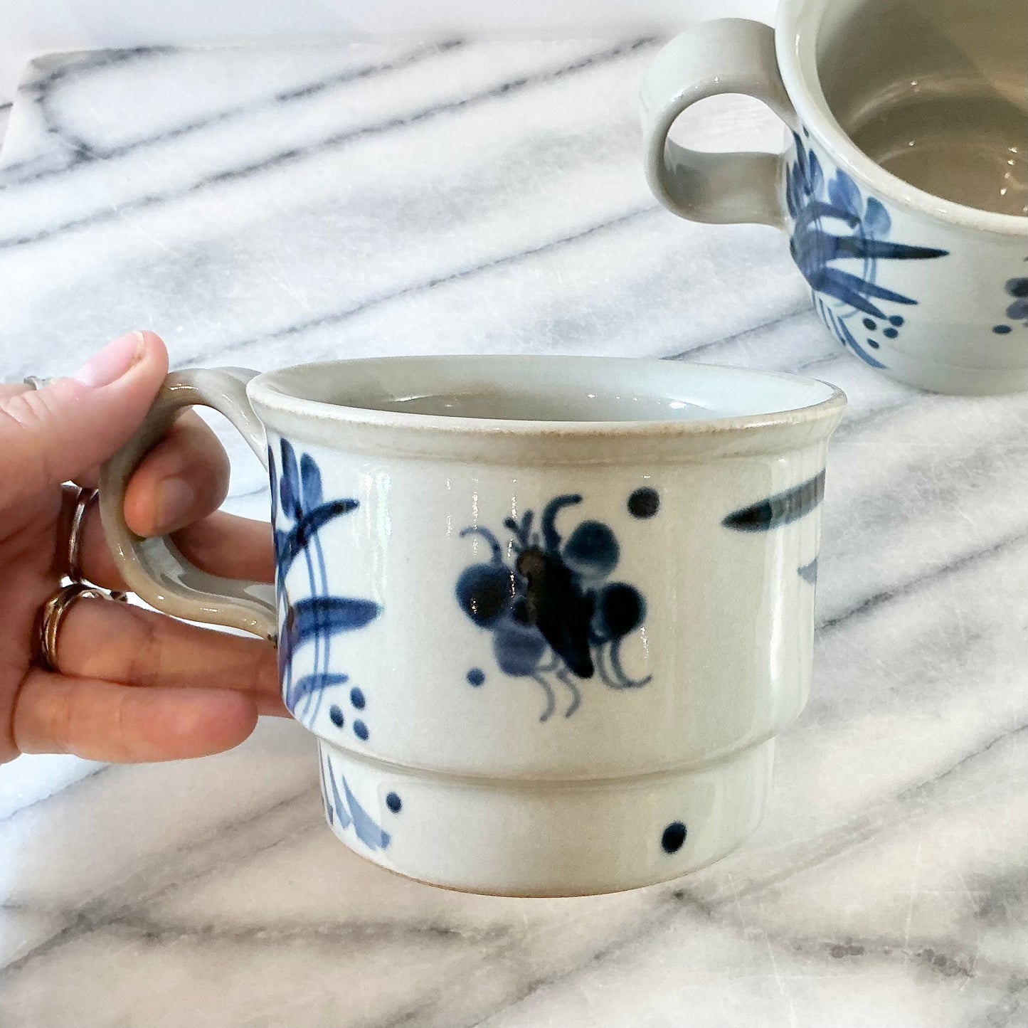 Pair of Large Vintage Blue Floral Ceramic Mugs