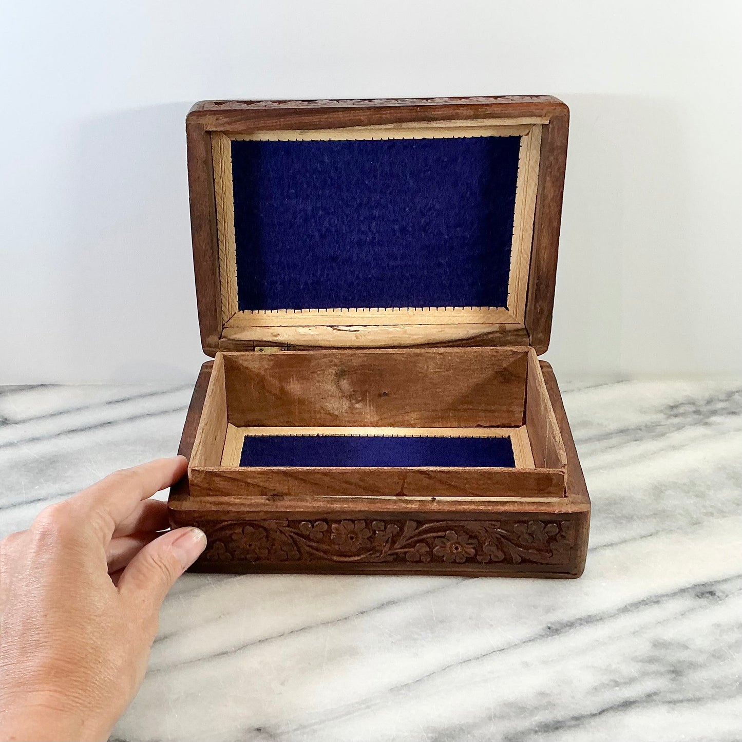 Vintage Carved Wooden Box with Inlay