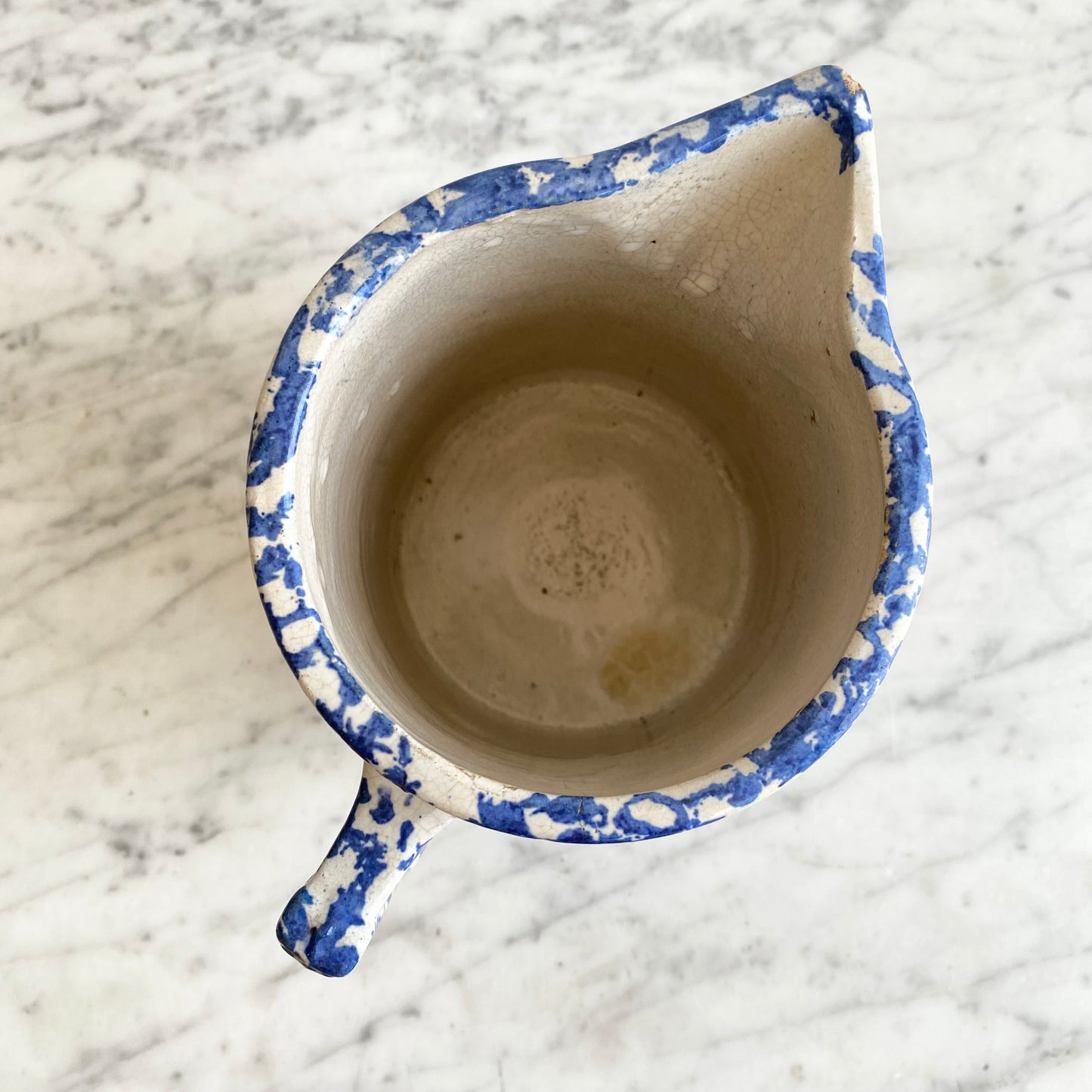 Antique Blue Spongeware Pottery Pitcher, 7”