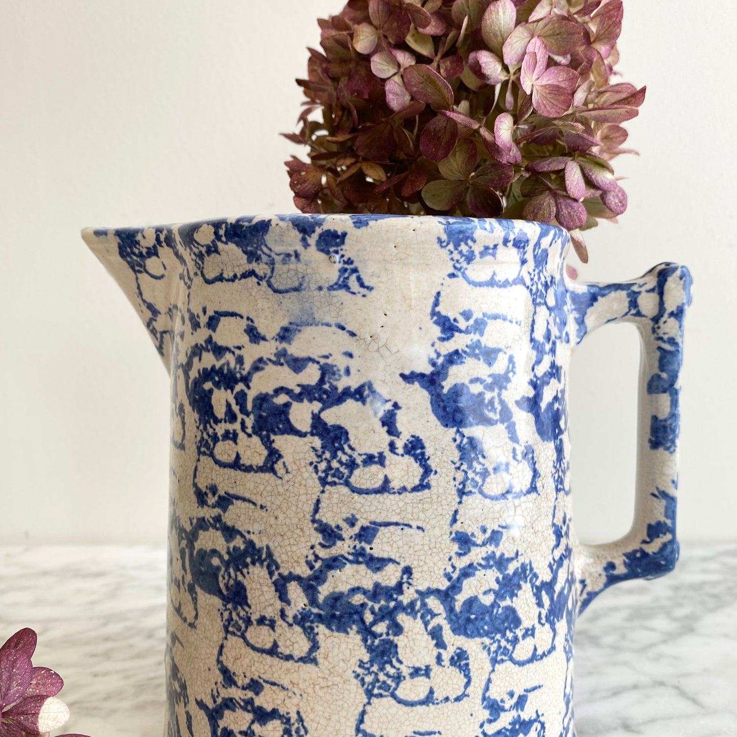 Antique Blue Spongeware Pottery Pitcher, 7”