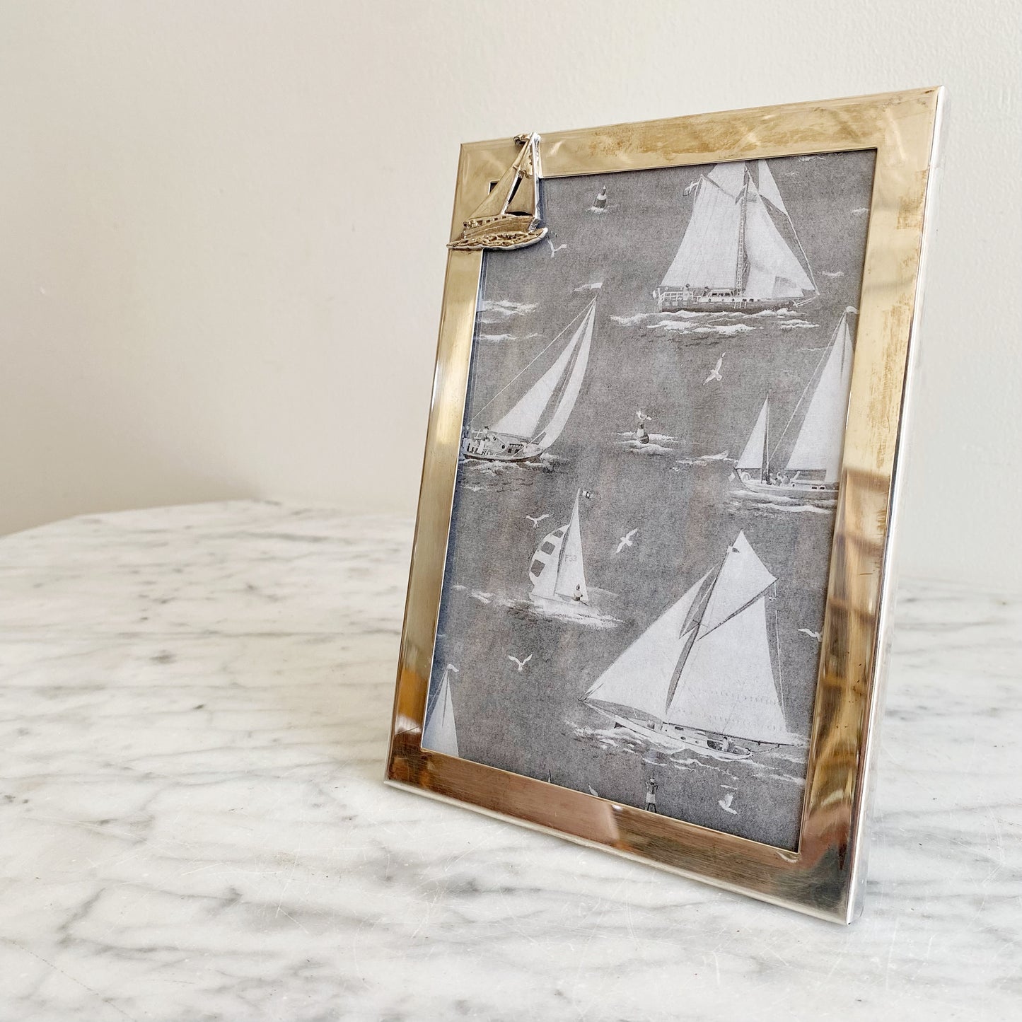 Vintage Silver Picture Frame with Sailboat (5x7) (NAUTICAL COLLECTION)