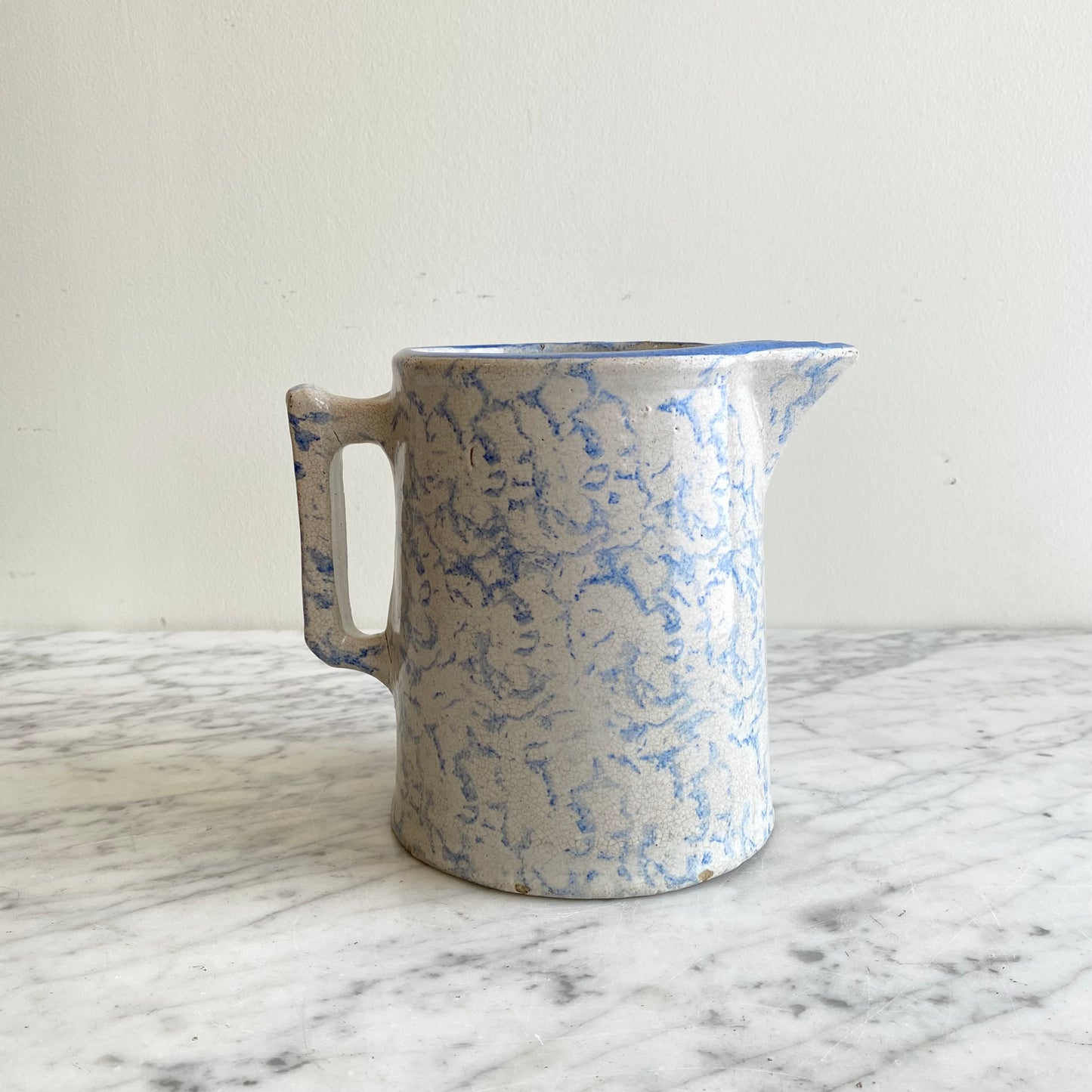 Antique Light Blue Spongeware Pottery Pitcher, 6.5”