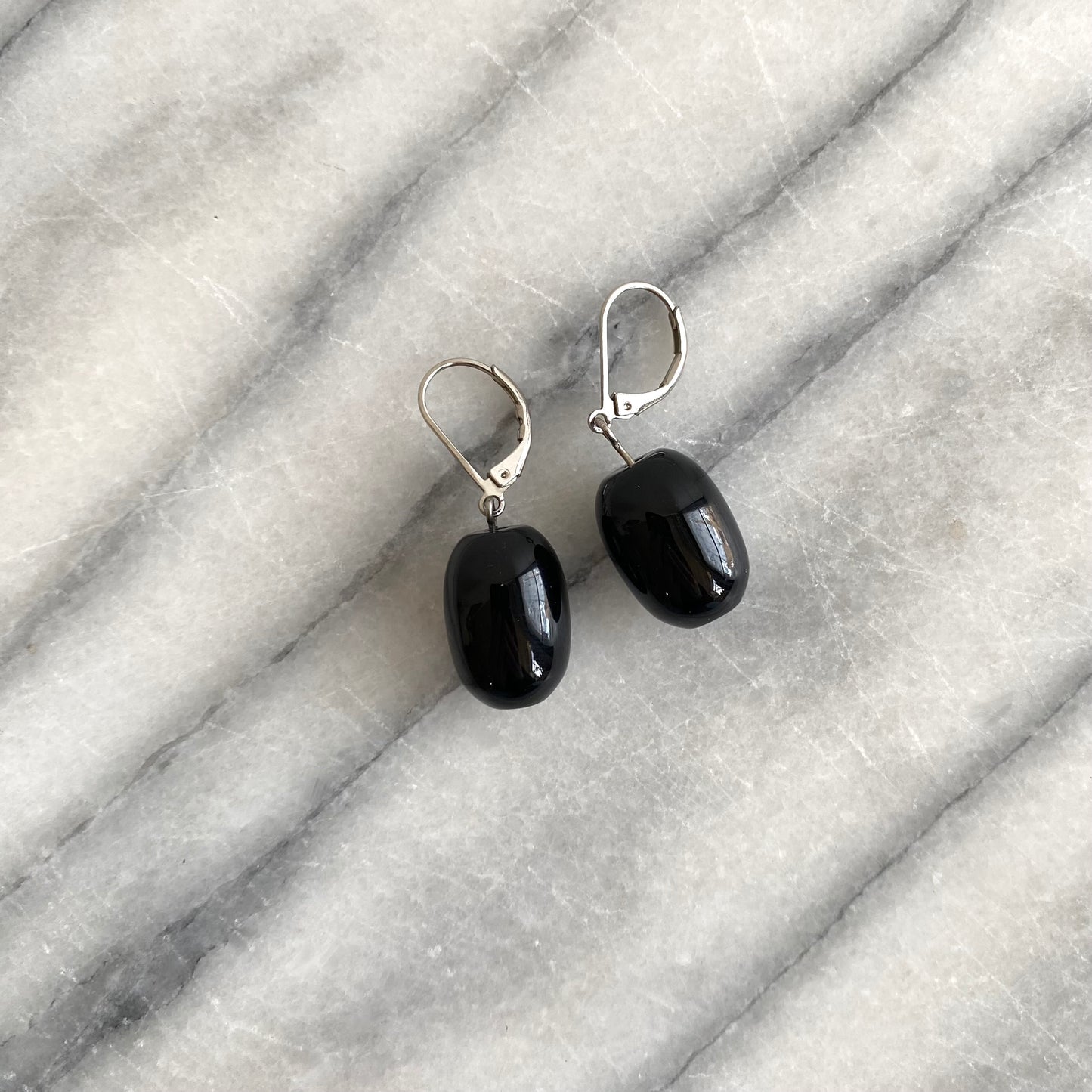Dangling Black Glass Bead Earrings