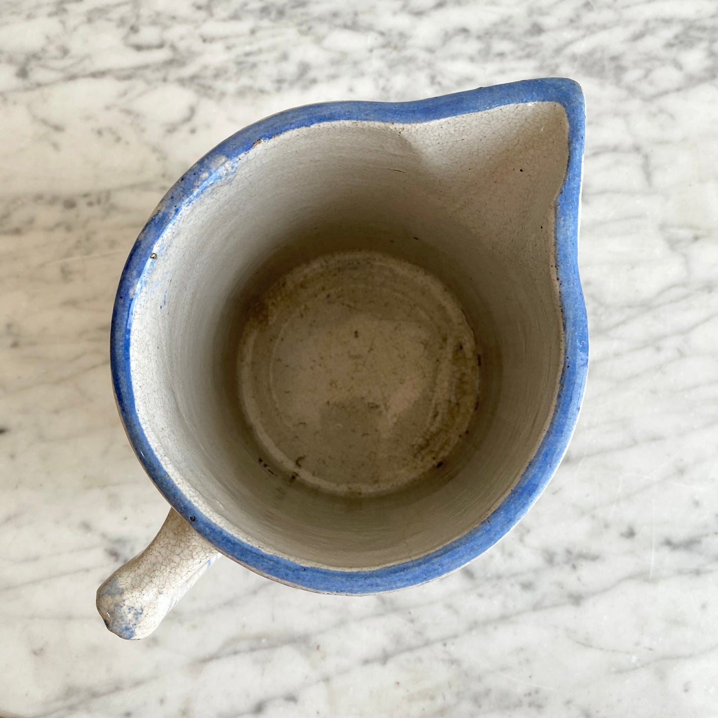 Antique Light Blue Spongeware Pottery Pitcher, 6.5”