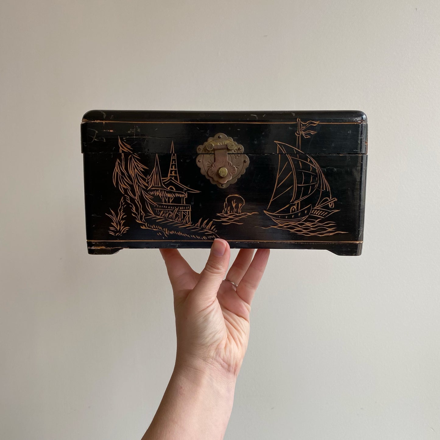 Antique Black Dresser Box, Hand-Carved