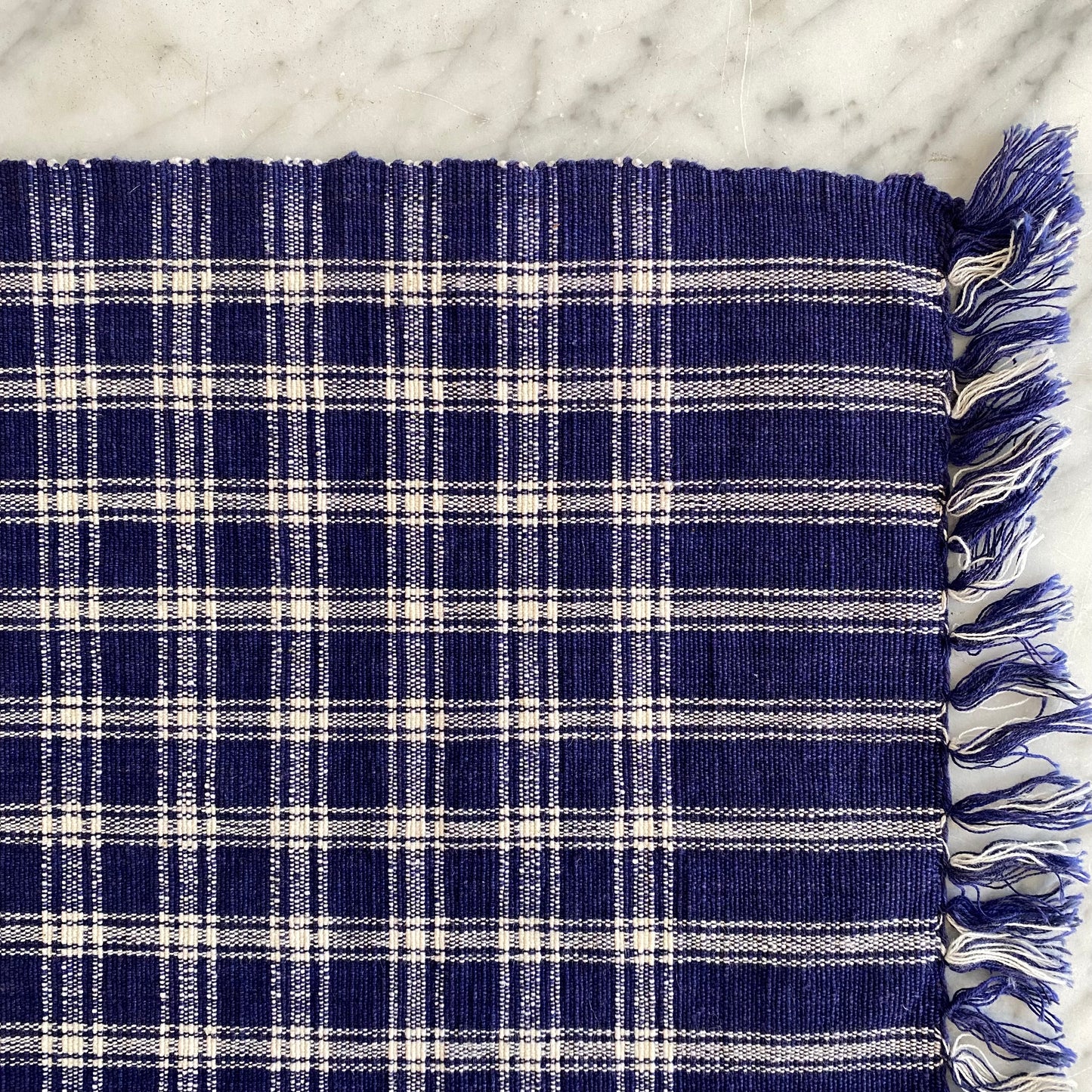 Vintage Hand-woven Blue + White Table Runner (42” x 13”)