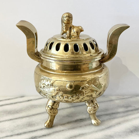 Large Vintage Brass Incense Burner with Foo Dog
