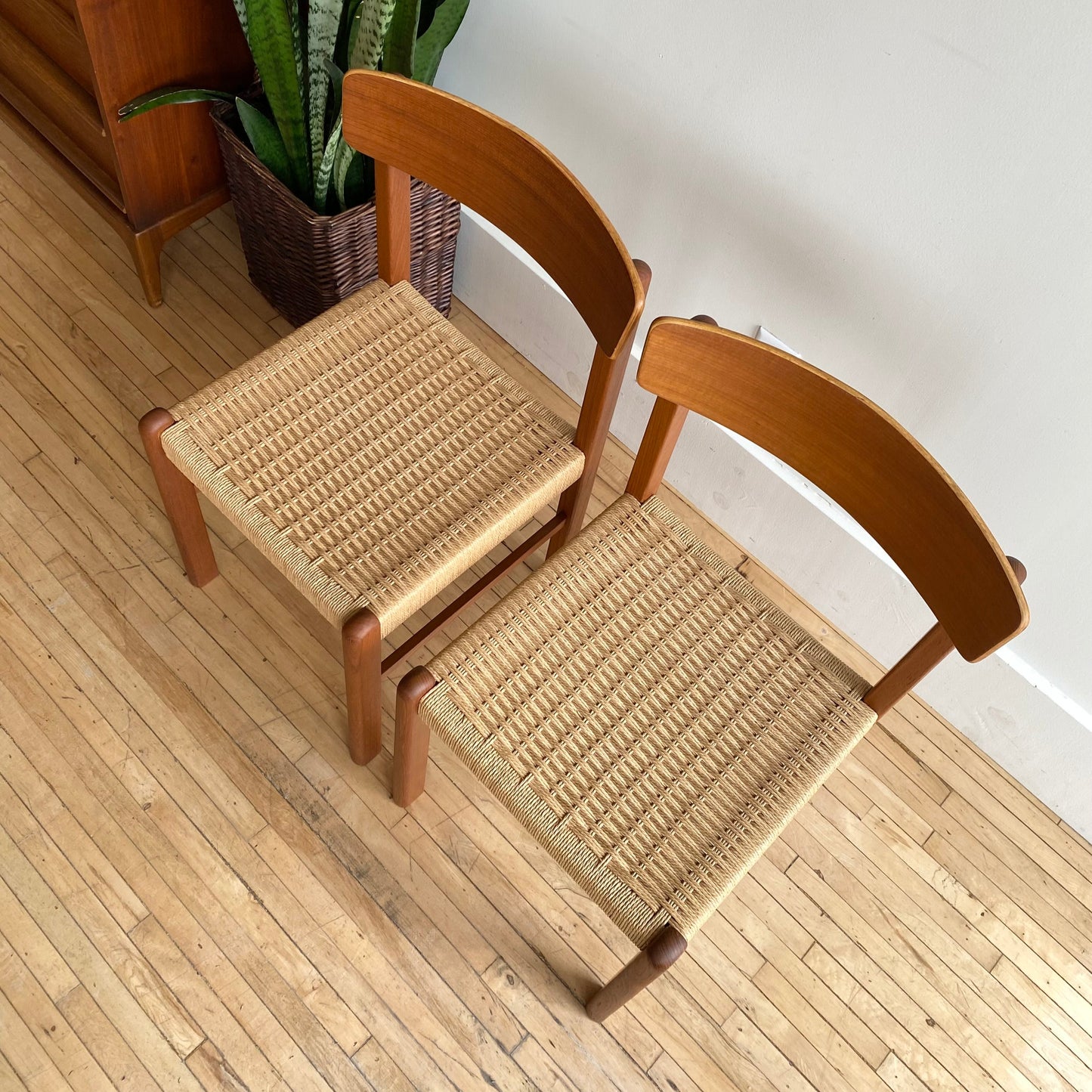 PAIR of Vintage Teak Dining Chairs with Paper Cord Seats