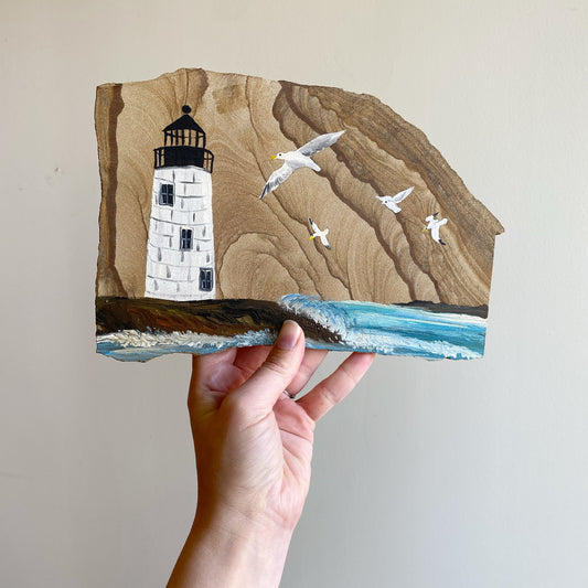 Vintage Hand-painted “Lighthouse & Seashore” Stone Plaque