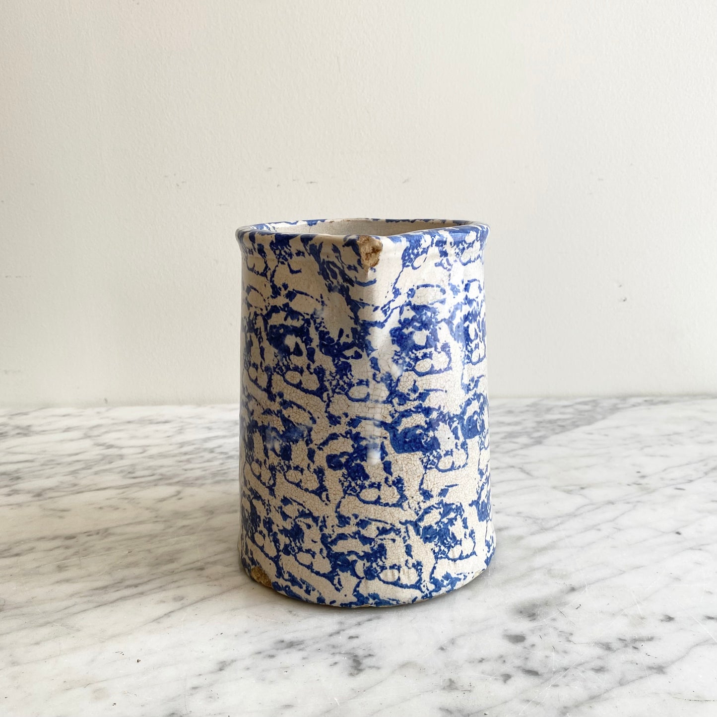 Antique Blue Spongeware Pottery Pitcher, 7”