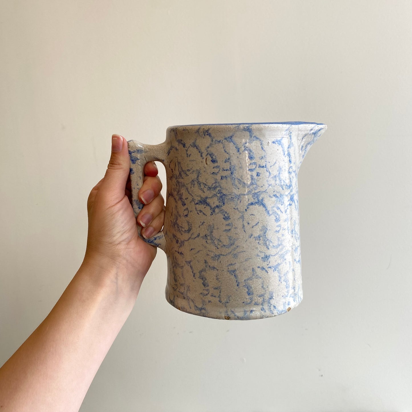 Antique Light Blue Spongeware Pottery Pitcher, 6.5”