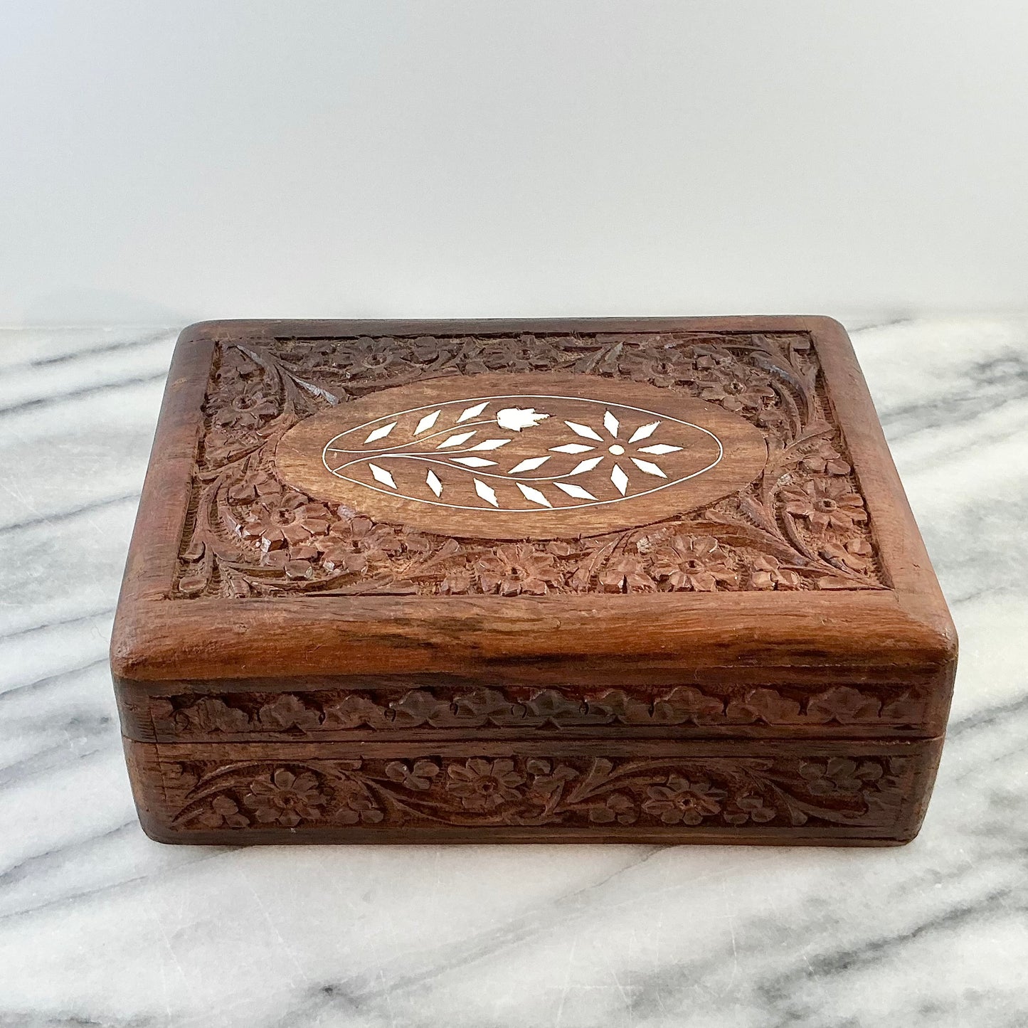 Vintage Carved Wooden Box with Inlay