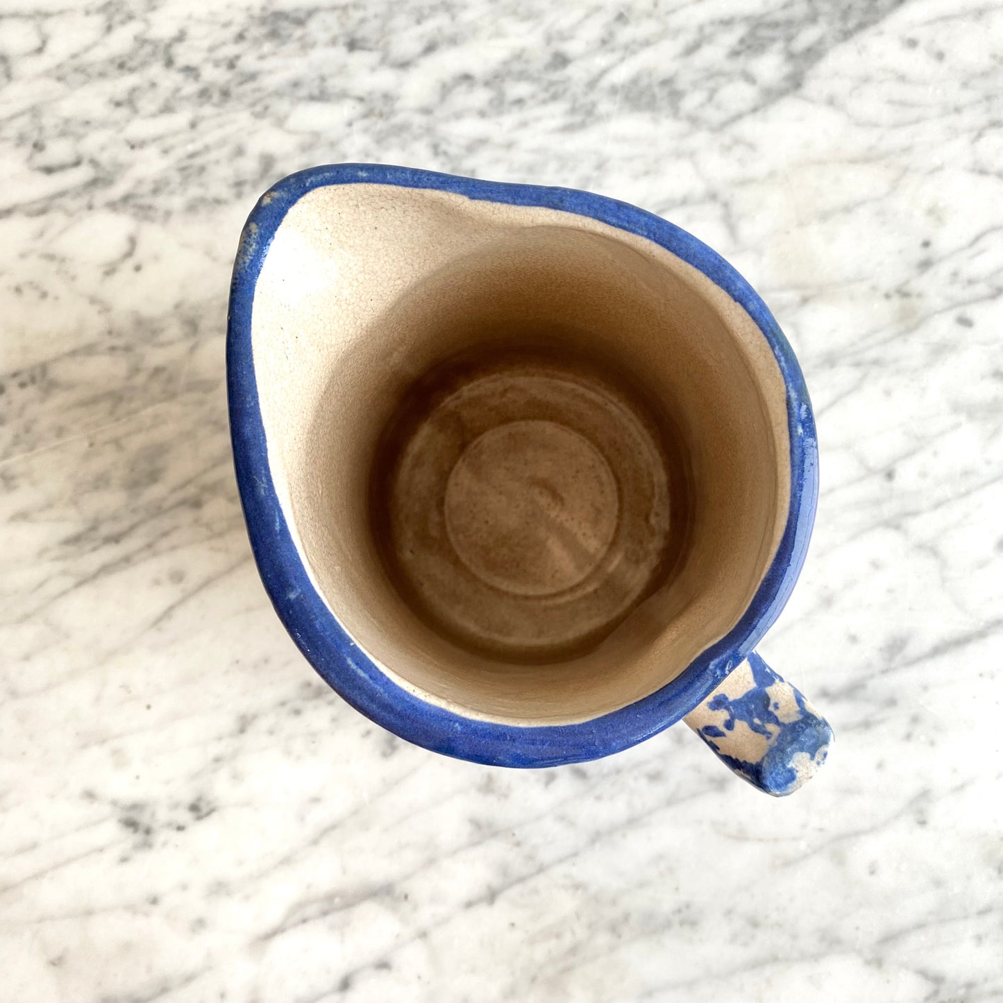 Antique Blue Spongeware Pottery Pitcher, 7”