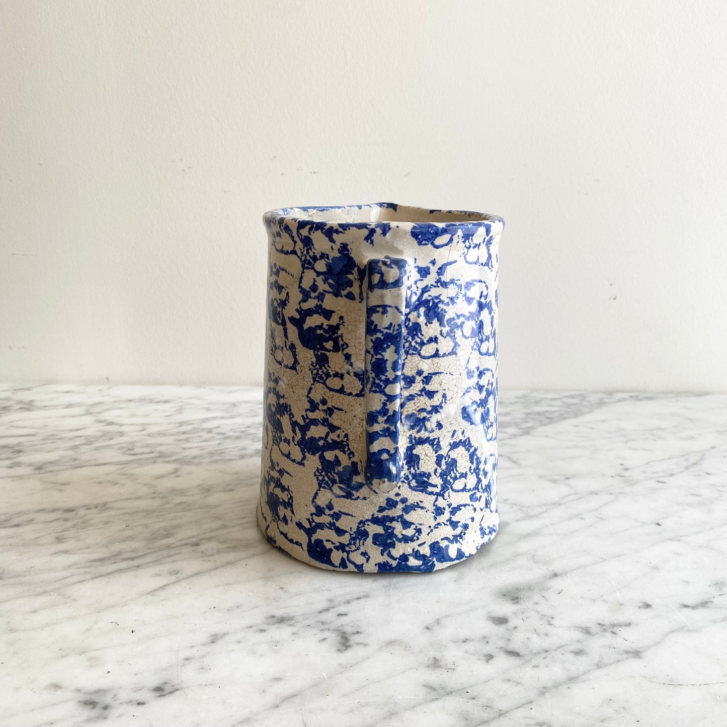 Antique Blue Spongeware Pottery Pitcher, 7”