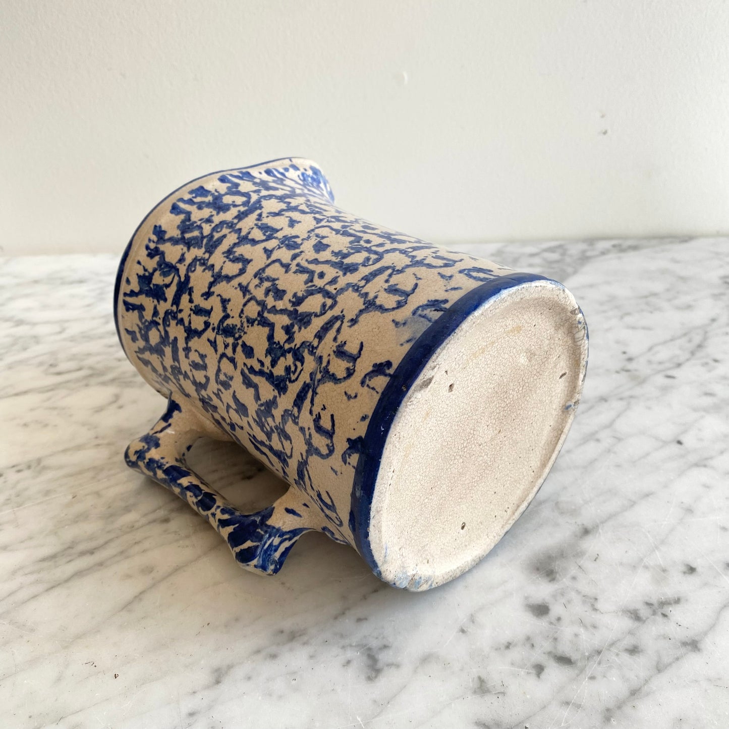 Antique Blue Spongeware Pottery Pitcher, 7”