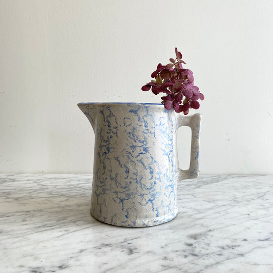 Antique Light Blue Spongeware Pottery Pitcher, 6.5”