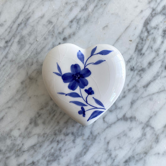 Vintage Ceramic Heart Box with Blue Flowers