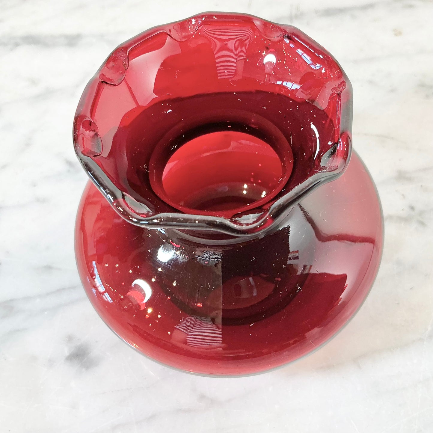 Vintage Ruby Red Vase with Lacy Edge