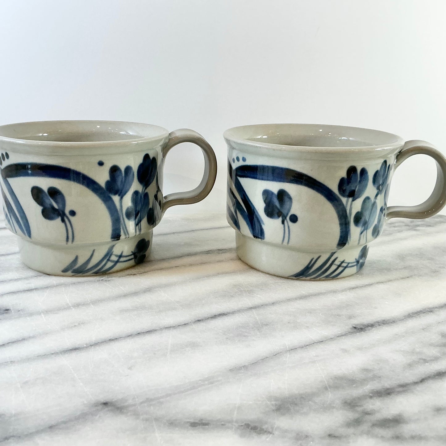 Pair of Large Vintage Blue Floral Ceramic Mugs