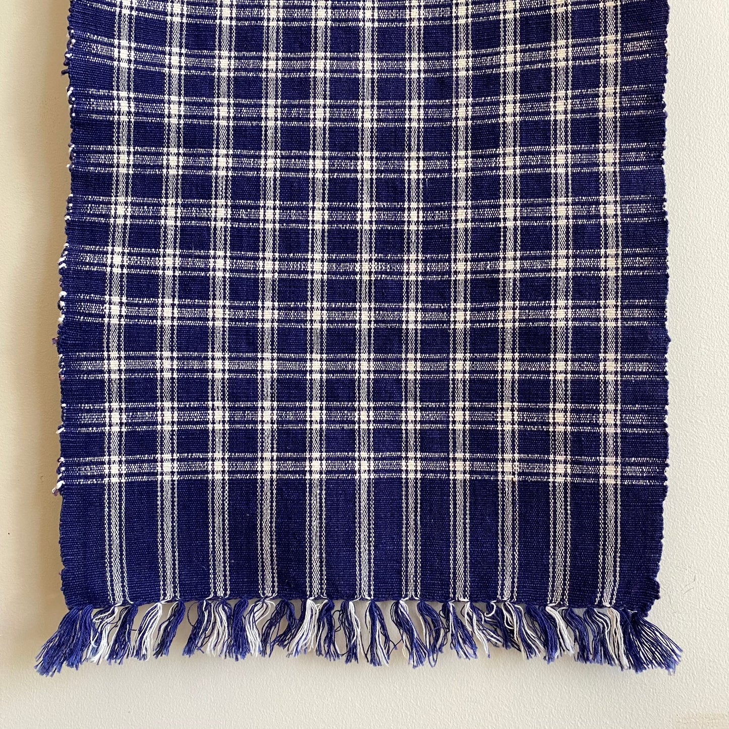 Vintage Hand-woven Blue + White Table Runner (42” x 13”)