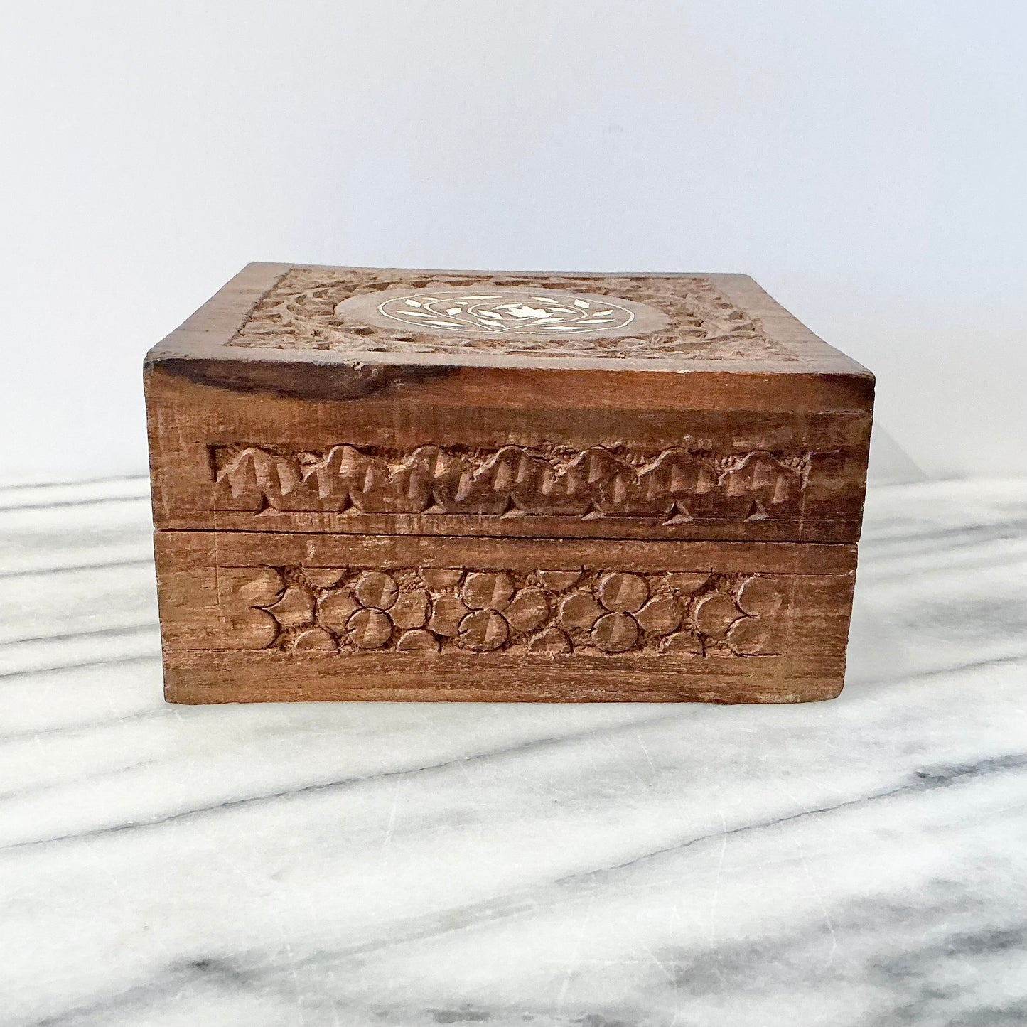 Vintage Carved Wooden Box with Inlay