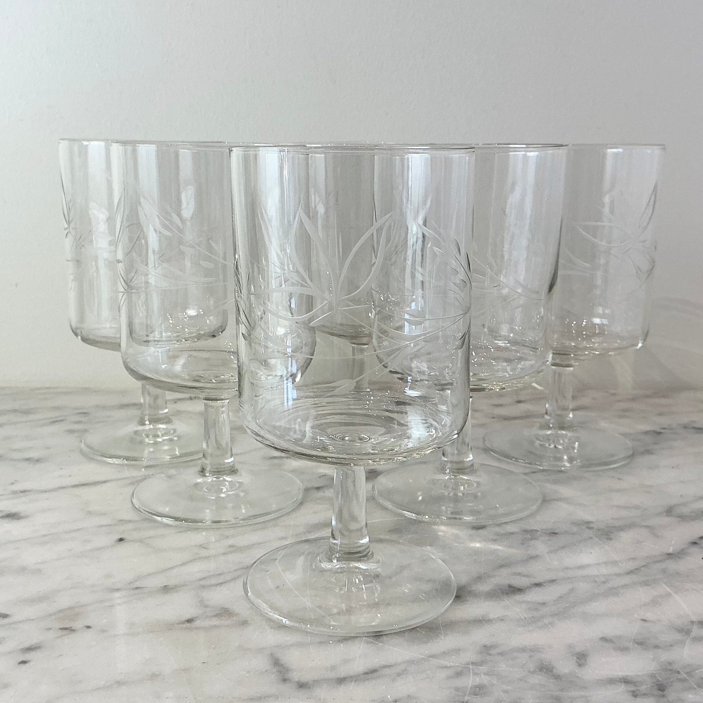 S/6 Vintage Etched Glasses