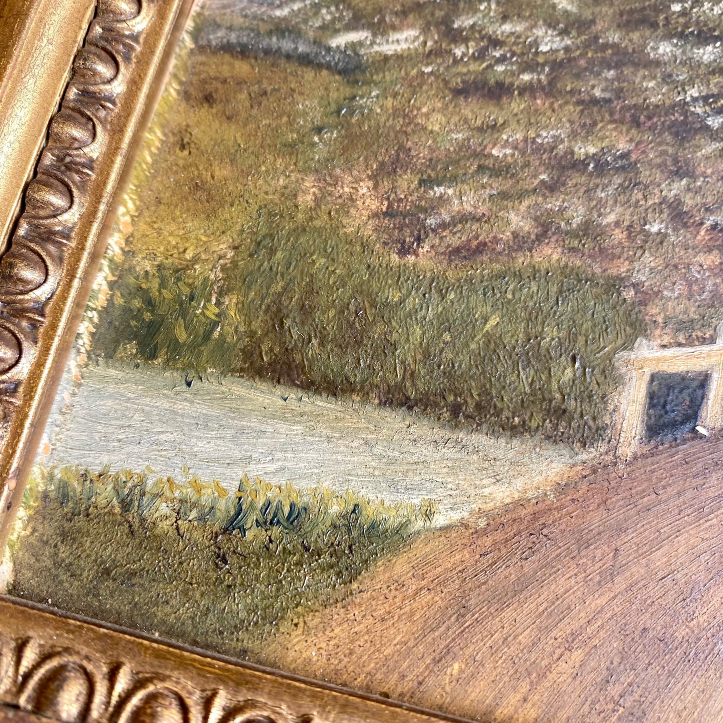 Original Antique Oil Painting, River + Bridge