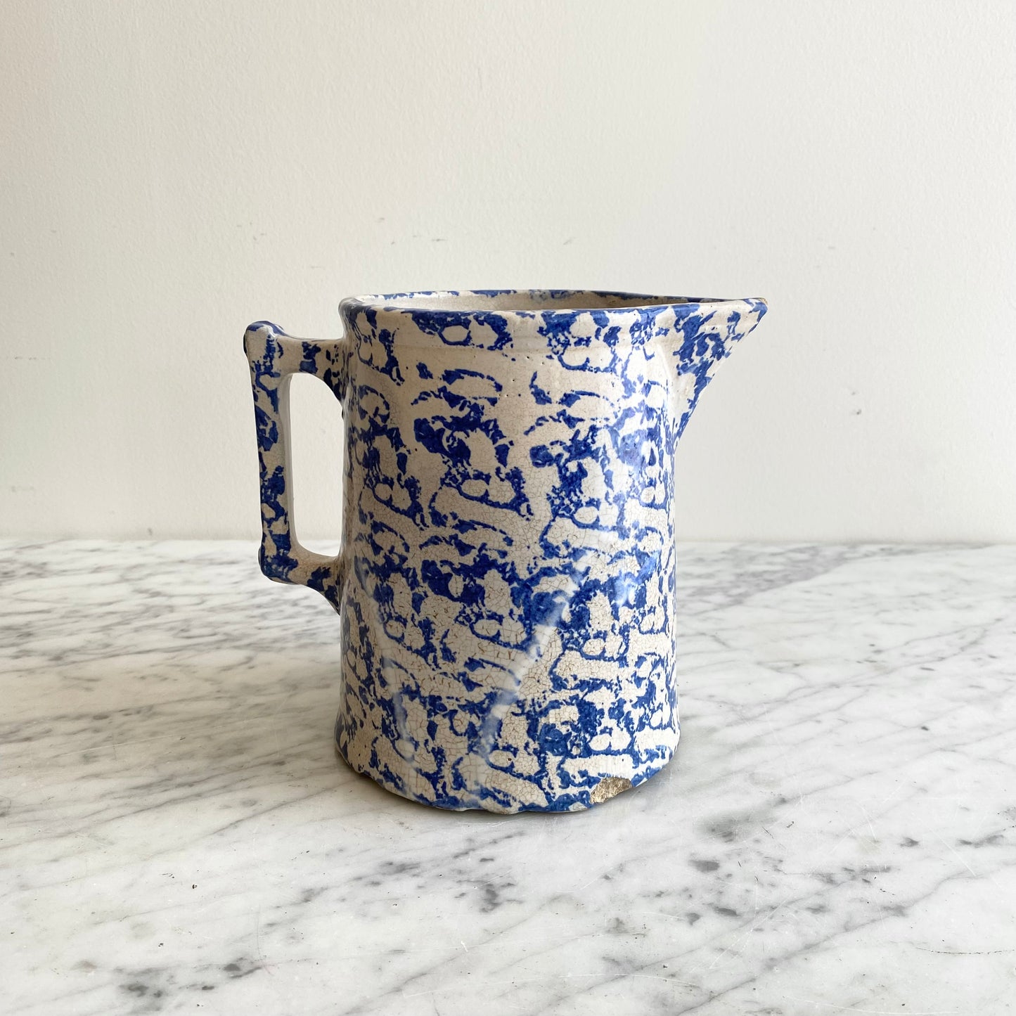 Antique Blue Spongeware Pottery Pitcher, 7”