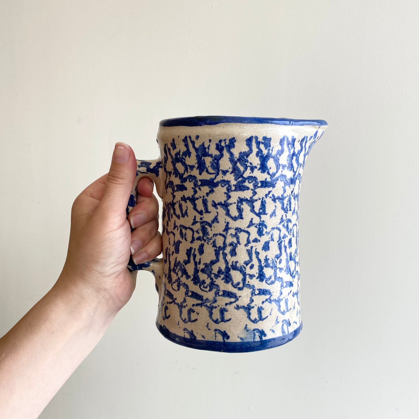 Antique Blue Spongeware Pottery Pitcher, 7”